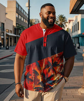 Men's Plus Size Hawaiian Red Patchwork Coconut Tree Print Henry Collar Button Short Sleeve Tee